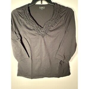 Charter Club Women's Black 100% Cotton Knit Embroidered V-Neck Blouse Petites L